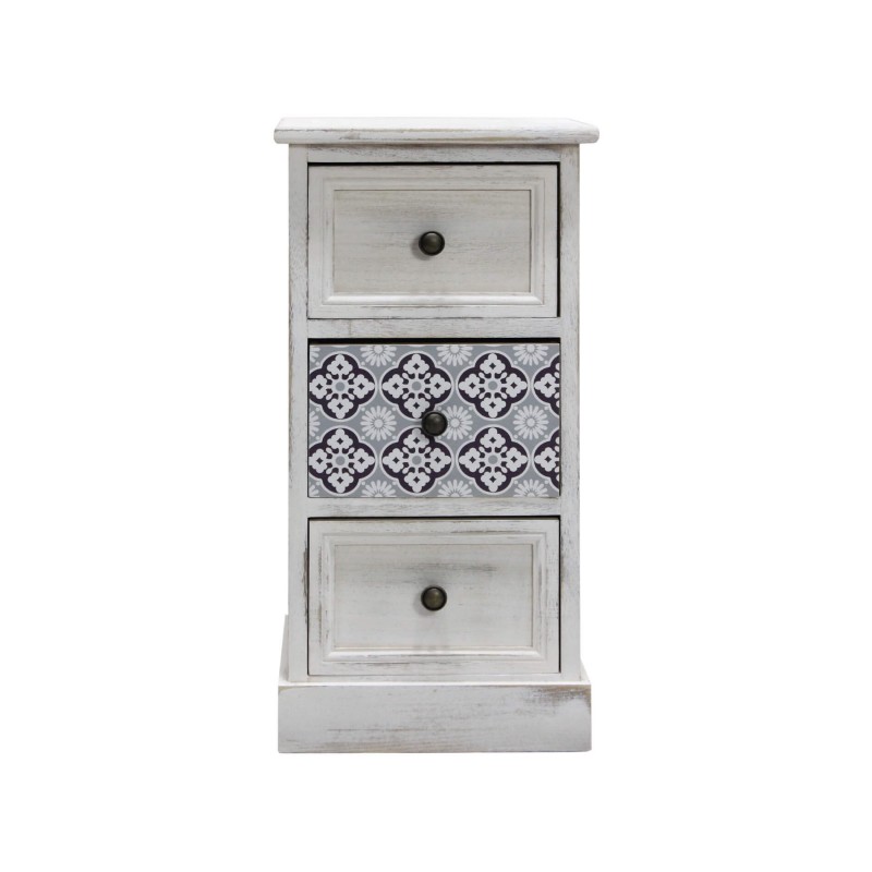 Rebecca Mobili Table de Chevet 3 Tiroirs,Petite Commode en Bois MDF, Blanc GrisShabby 59.5x30x25 cm