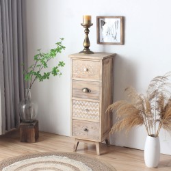 Rebecca Mobili Narrow Bedside Cabinet 4 Drawers Boho Shabby Wood for Bedroom