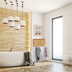 Rebecca Mobili Cesto Porta Biancheria da Bagno in Bambu MDF Bianco Marrone Panni Sporchi