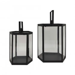 Rebecca Mobili Set of 2 Metal and Black PVC Candleholder Lanterns for Interior and Outdoor Modern use