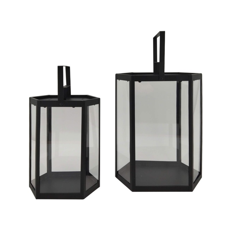 Rebecca Mobili Conjunto de 2 Lanternas Porta Velas de PVC Preto e Metal para Uso Moderno Interior e Exterior