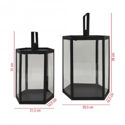 Rebecca Mobili Set 2 Lanterne Portacandela in Metallo e PVC Nero da Interno Esterno Moderno