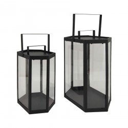 Rebecca Mobili Lot de 2 Lanternes Bougeoirs en métal et PVC Noir pour intérieur et extérieur Moderne