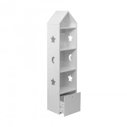 Rebecca Mobili Libreria Scaffale Portagiochi Stretto per Bambini 4 Ripiani 1 Cassetto in Legno Bianco