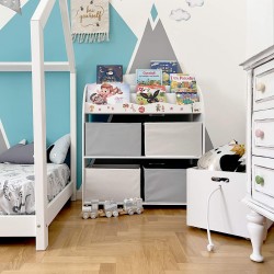 Rebecca Mobili Kinderspielzeug Regal Weiß Grau MDF mit 4 Boxen