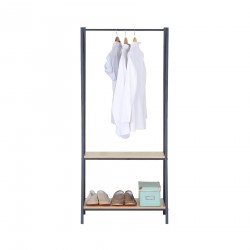 Rebecca Mobili Coat Rack Metal Clothes Stand with 2 Shelves Black Beige