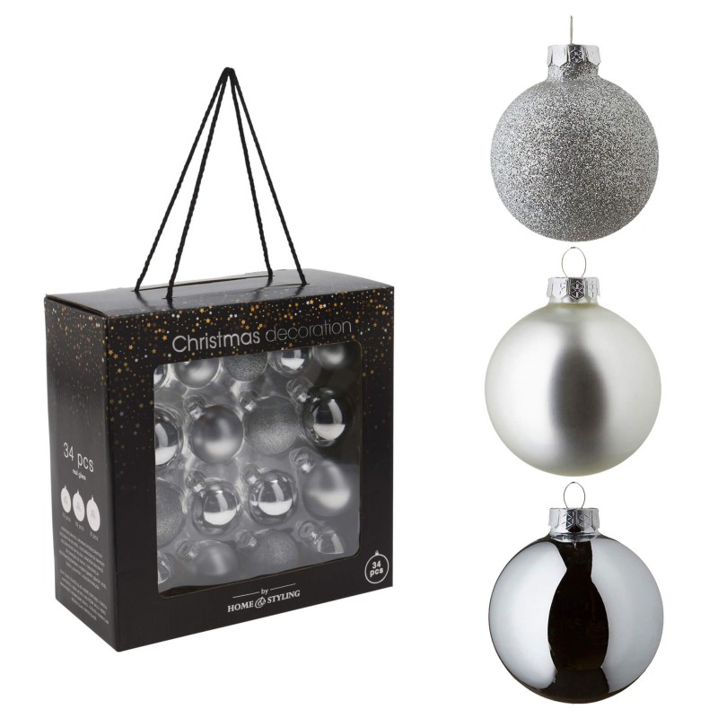 Rebecca Mobili Sfere per Albero di Natale Ornamenti 34 pz Grigio Argento Vetro