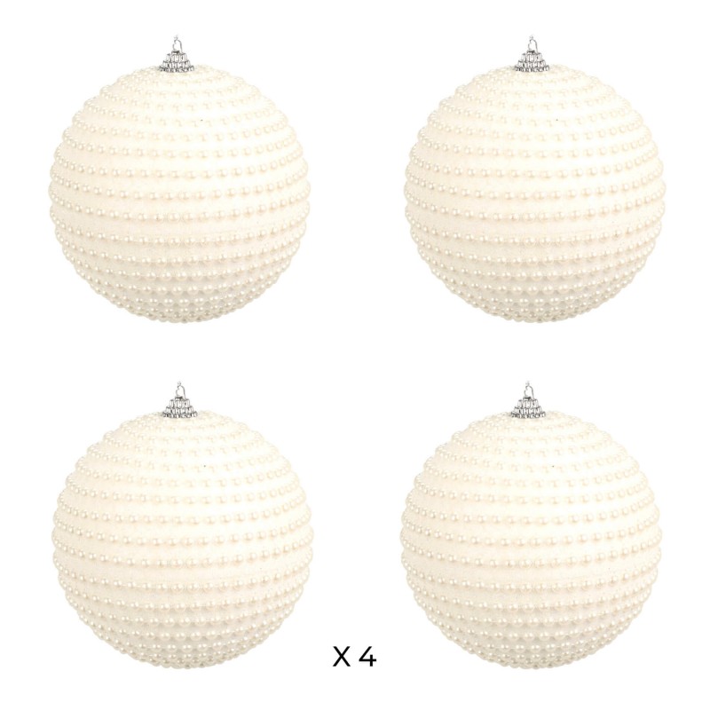 Rebecca Mobili Ensemble de 4 Boules de Noël pour Sapin Blanches en Plastique avec Perles