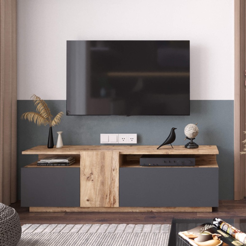 TV-meubel Rebecca Mobili Elais 46,5x150x29,5 Spaanplaat Licht Eiken Donkergrijs Modern