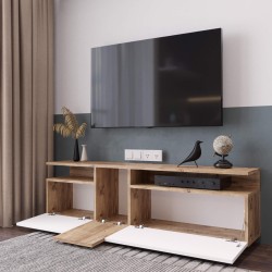 TV-meubel Rebecca Mobili Nergis 46,5x150x29,5 Spaanplaat Licht Eiken Wit Modern