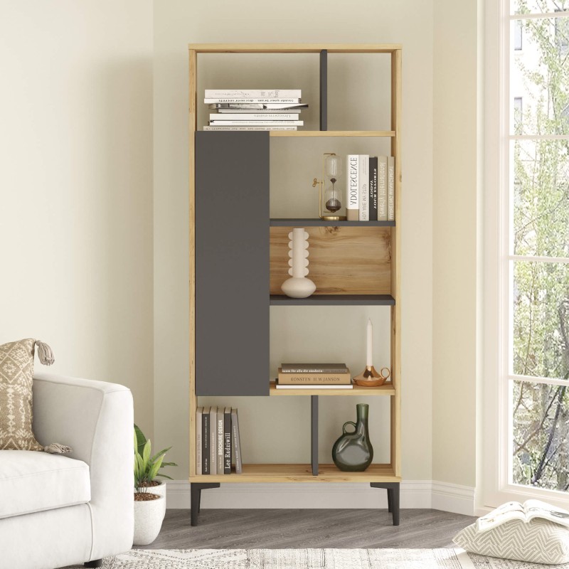 Libreria Rebecca Mobili Kanak 163,5x72x25 Truciolato PVC Rovere Chiaro Grigio Scuro Moderno