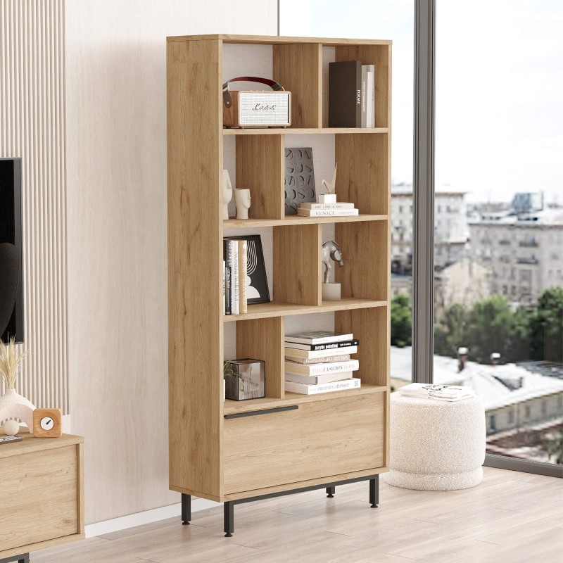 Bookcase Rebecca Mobili Tola 175,5x84x29,5 Chipboard Iron Light Oak Dark Grey Modern