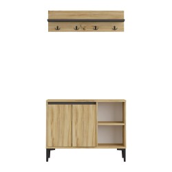 Schoenenrek en kapstok Rebecca Mobili Roka 68,5x90x35 Spaanplaat PVC Licht Eiken Donkergrijs Modern SET 2 stuks