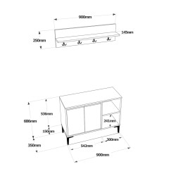 Schoenenrek en kapstok Rebecca Mobili Roka 68,5x90x35 Spaanplaat PVC Licht Eiken Donkergrijs Modern SET 2 stuks