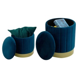 Rebecca Mobili Set 2 Poggiapiedi Pouf con Contenitore Blu per Salotto