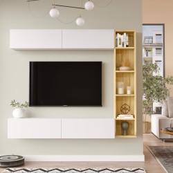 Mueble de pared Rebecca Mobili Hilba 143,5x169x26 Tablero de partículas Blanco Marrón Claro Moderno CONJUNTO 3 pzs